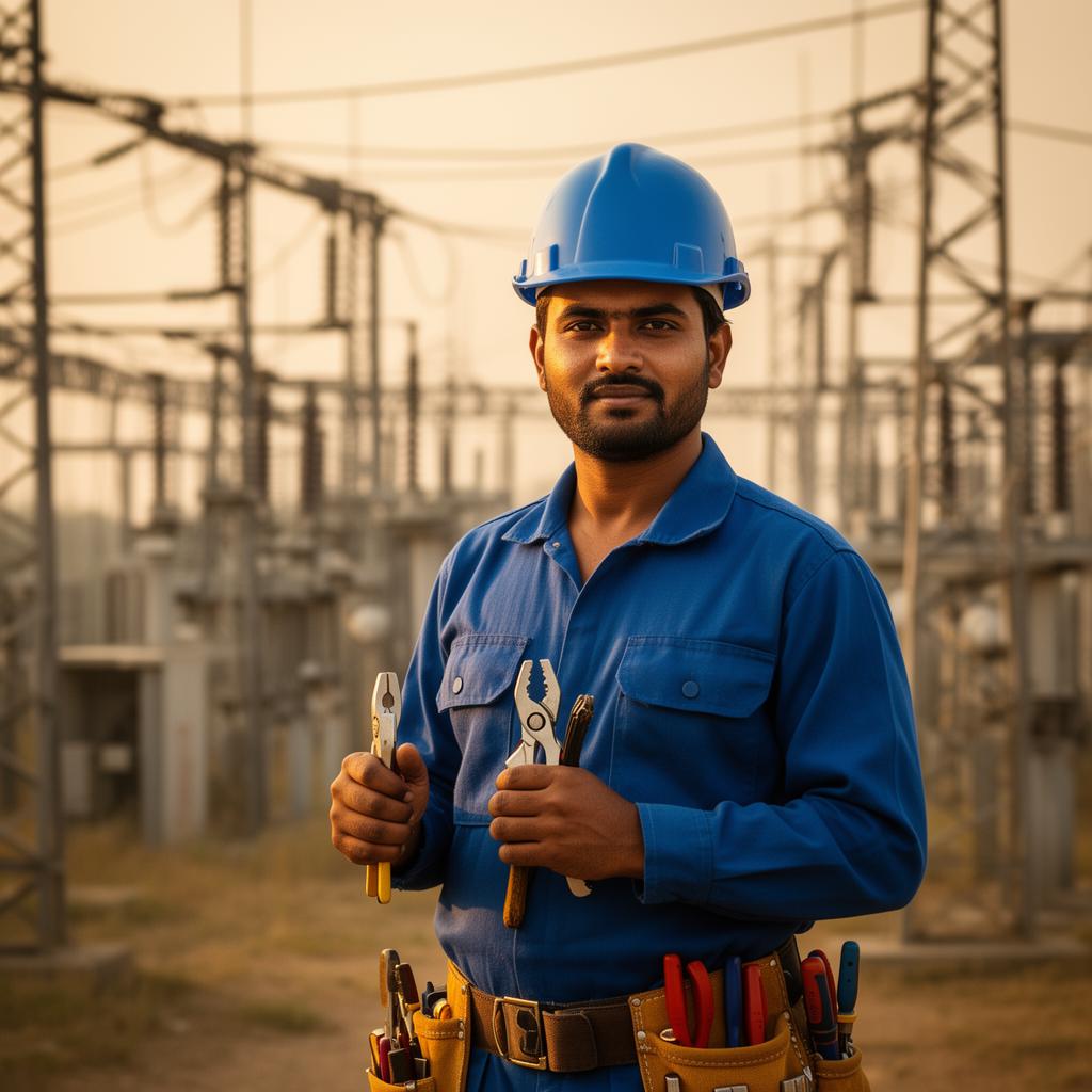 Skilled electrician with tools at industrial site