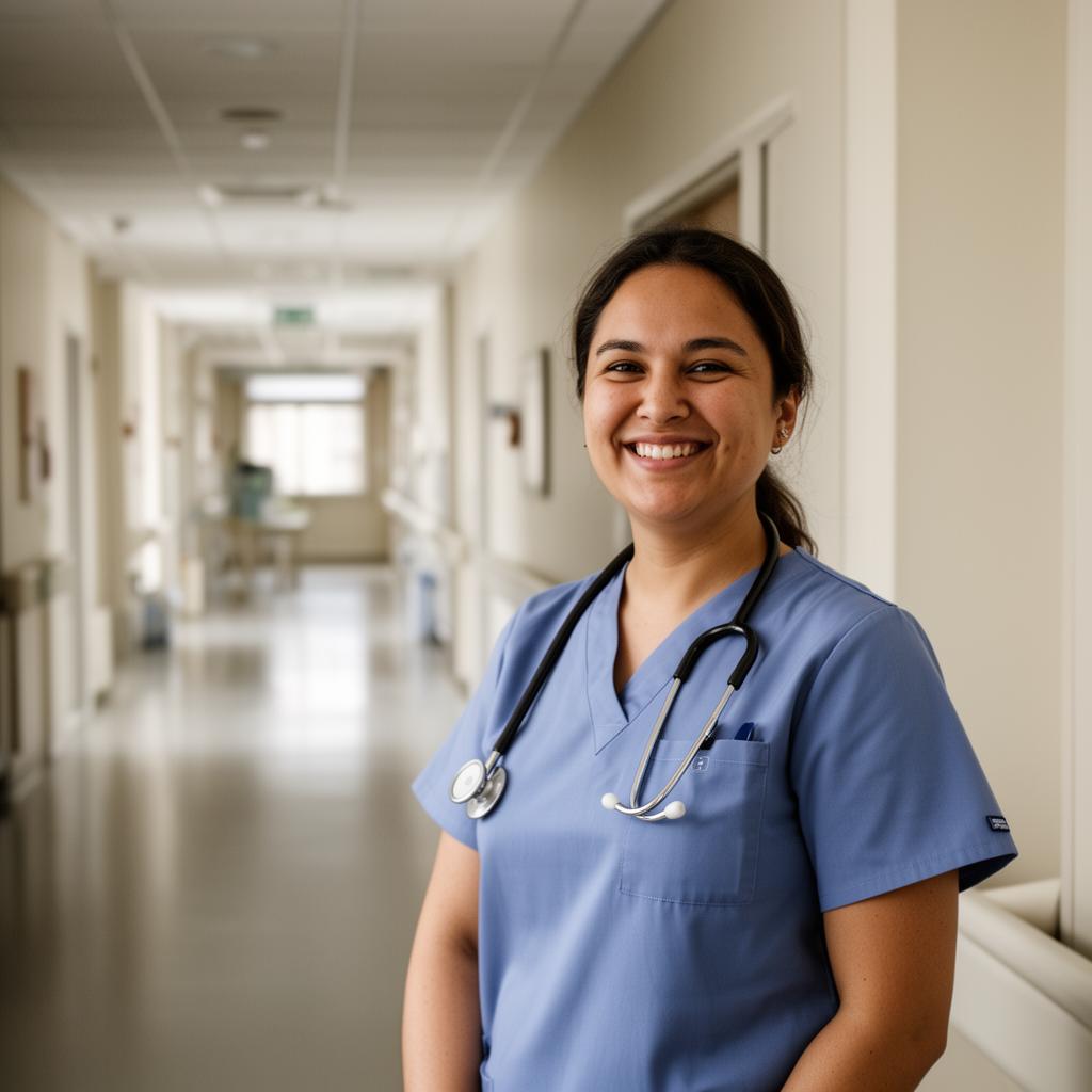 Healthcare worker in hospital corridor