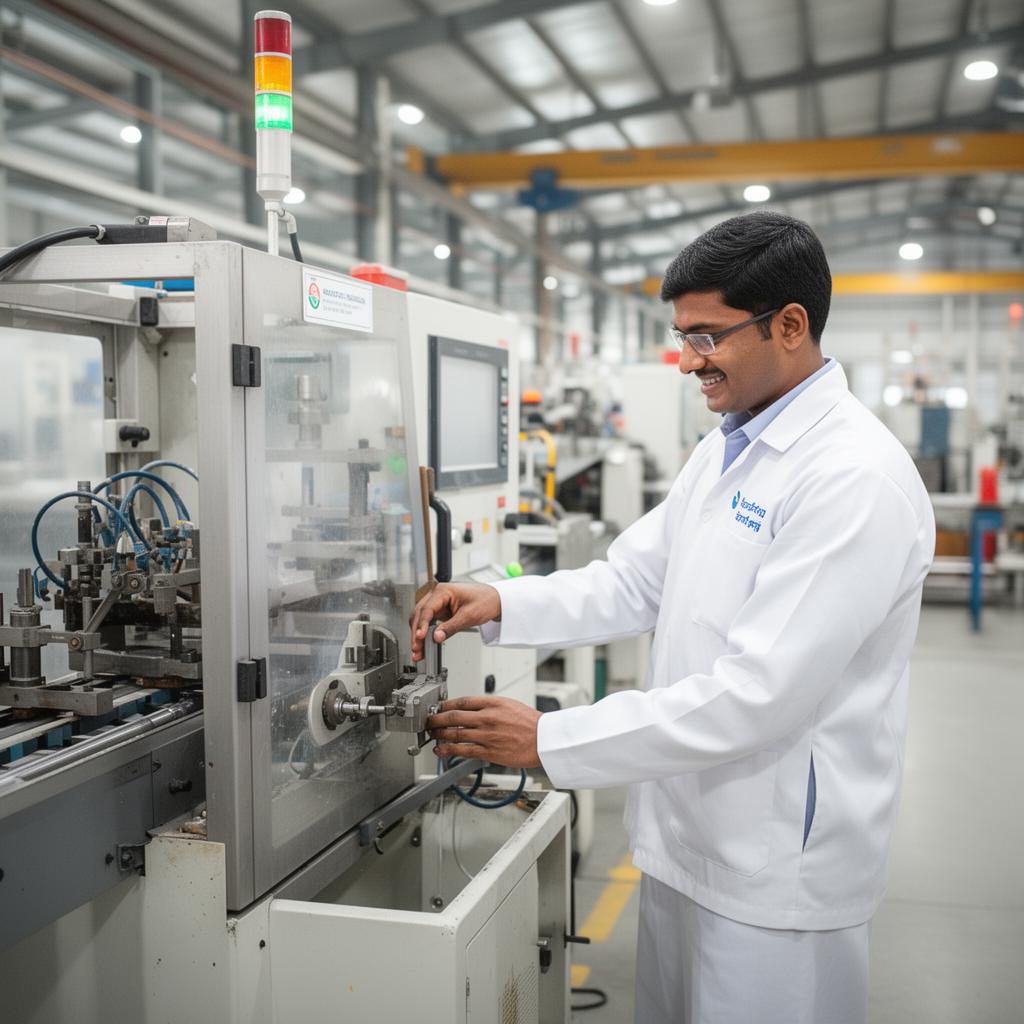 Factory technician operating machinery